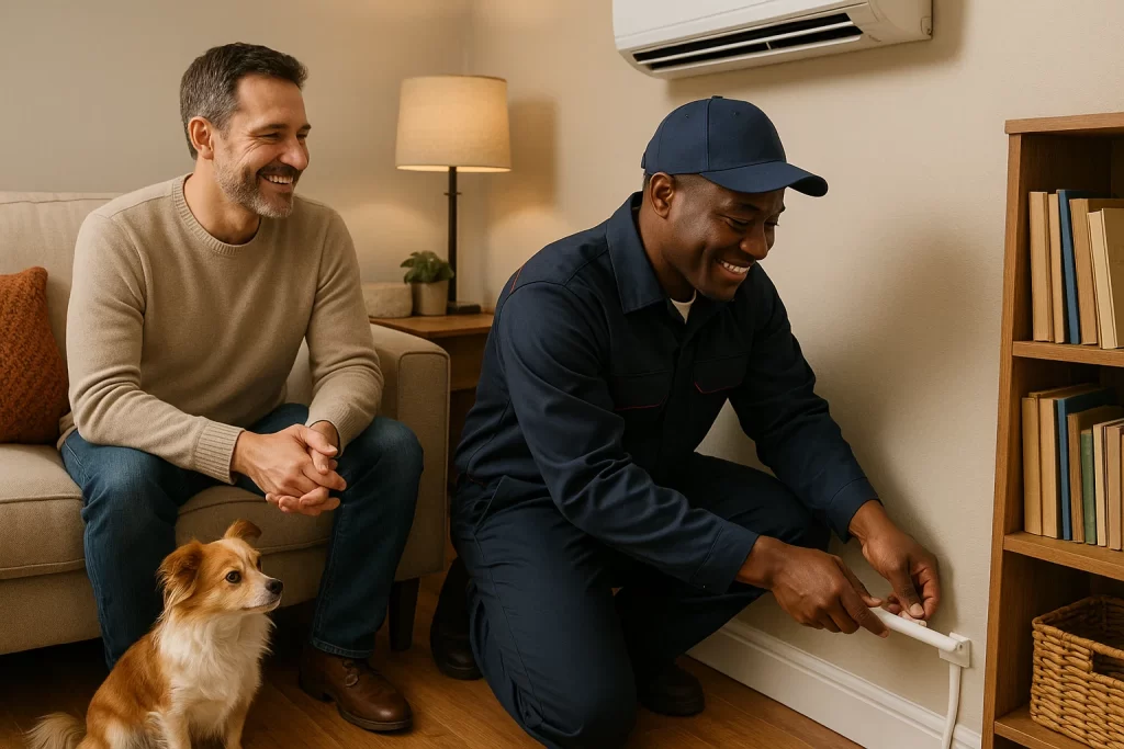 Technician installing cord cover to protect AC wiring indoors with dog present