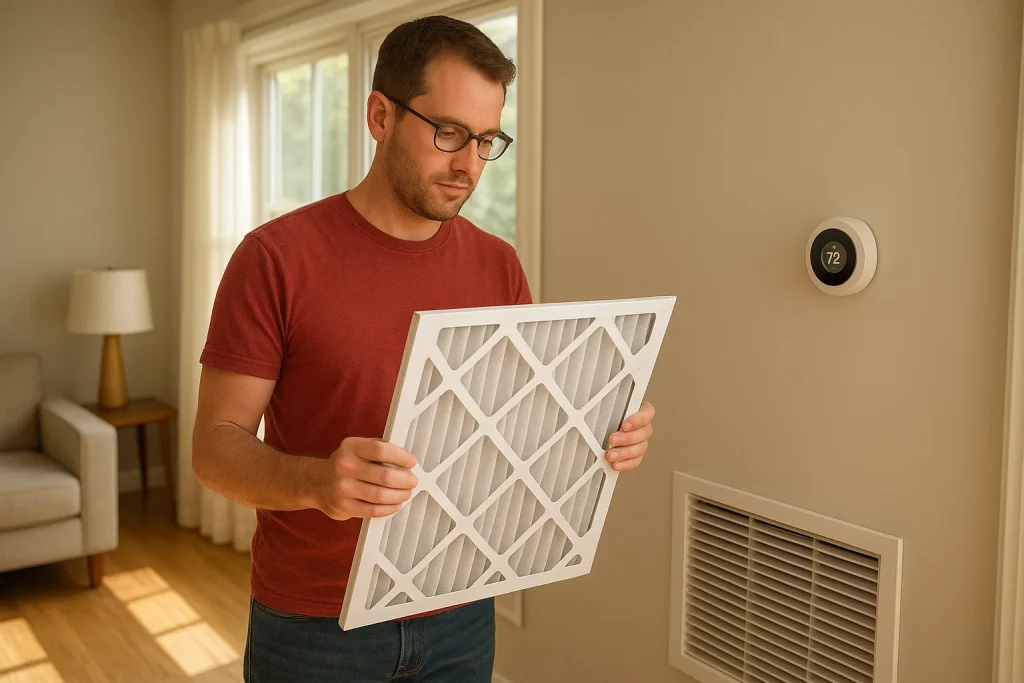 Lansing homeowner inspecting air filter for summer AC maintenance