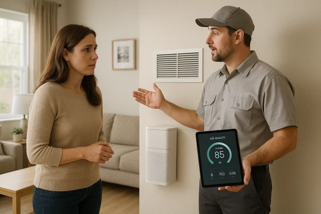 Homeowner learning about whole-house air purification from an HVAC technician