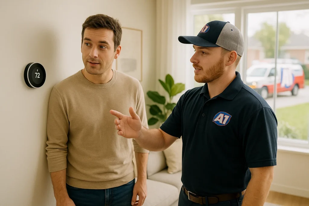 Homeowner and HVAC technician reviewing smart thermostat features in living room