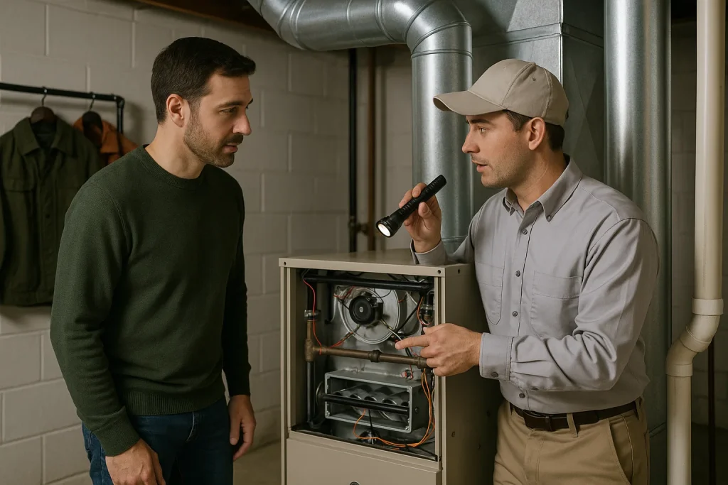 Homeowner and HVAC technician inspect furnace system in Lansing basement during fall maintenance