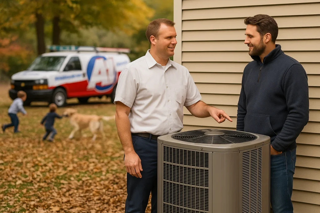 Homeowner reviews heat pump installation with technician in Okemos backyard