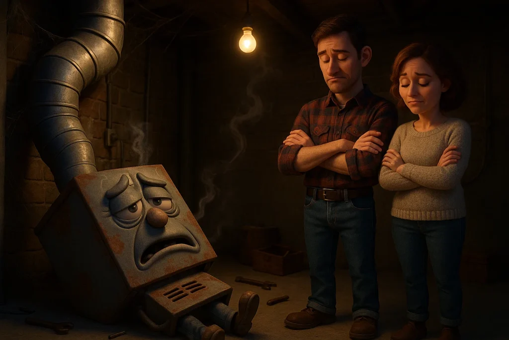 Caroony looking old furnace conked out on the floor of a basement while the homeowners look on in sadness.