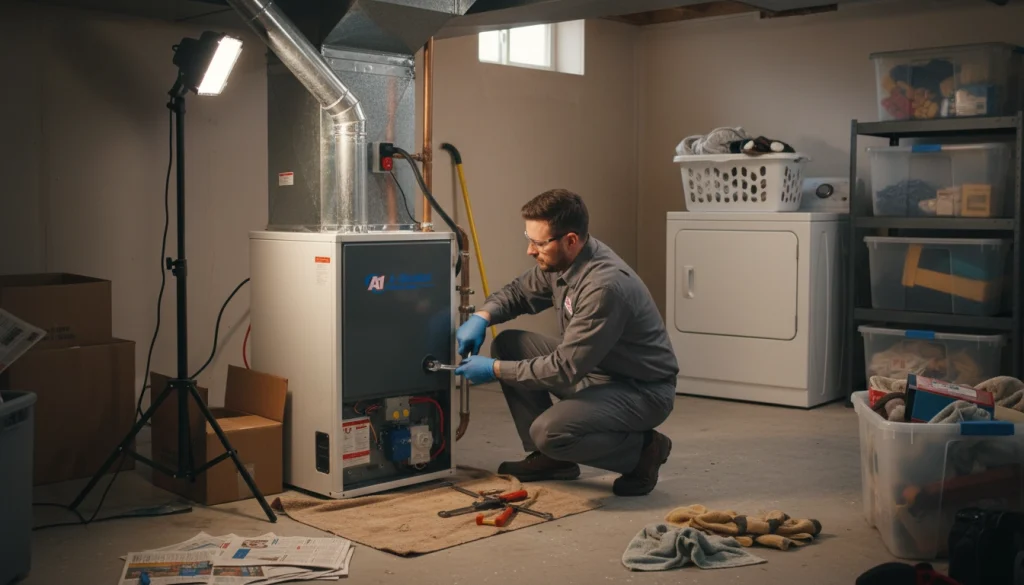 Technician installing a high-efficiency furnace during winter maintenance