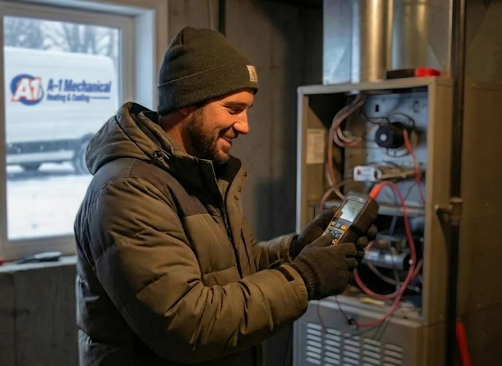 HVAC technician performing winter furnace maintenance inside a cozy home during snowfall.