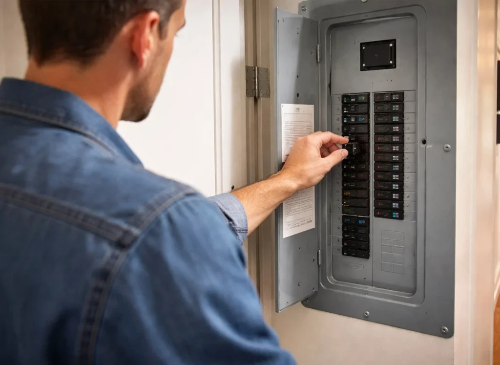 A homeowner checking the circuit breaker for the furnace.