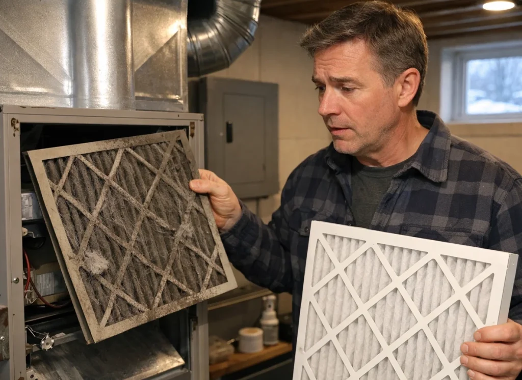 Homeowner replacing a dirty furnace air filter during winter to restore airflow