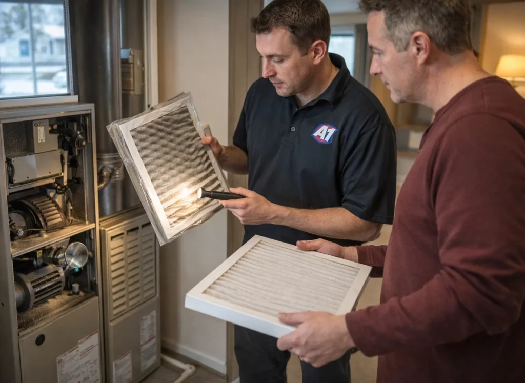 HVAC technician shows homeowner winter dirt buildup on furnace and filter in Holt MI
