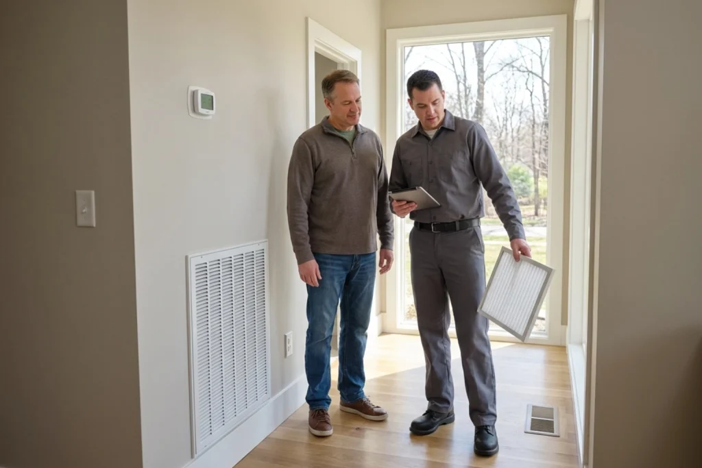 East Lansing homeowner reviewing March AC checklist with technician