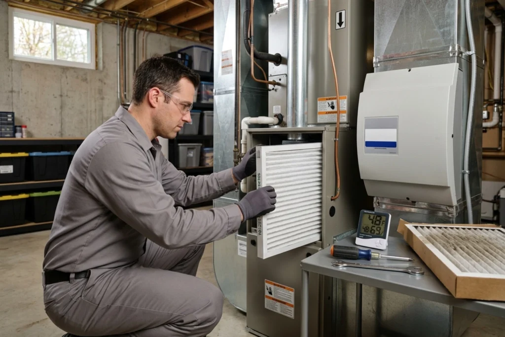 HVAC technician replacing air filter for indoor air quality