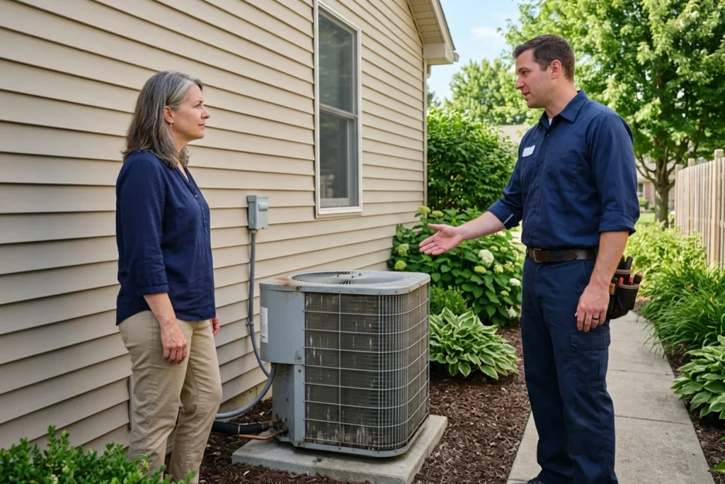 Homeowner discussing AC lifespan and replacement in Haslett