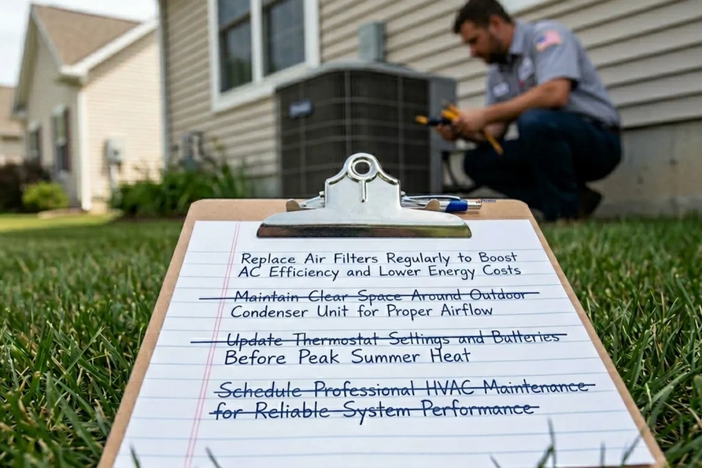 A clipboard showing AC tune up steps.