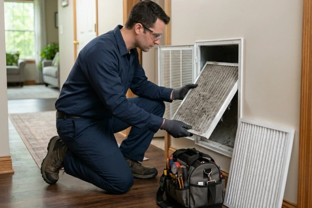 HVAC technician checking air filter airflow
