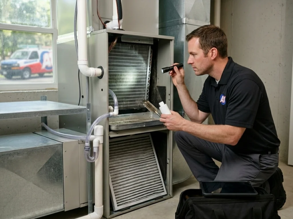 HVAC technician maintaining AC system for indoor air quality