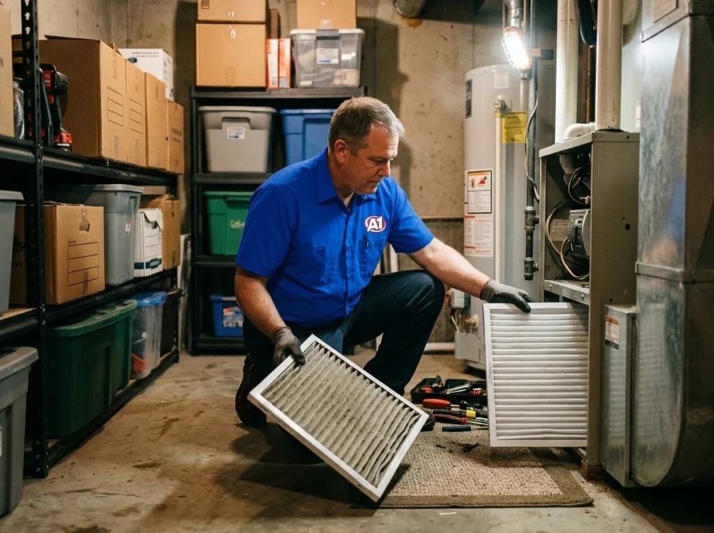 A track technician changing air filter.