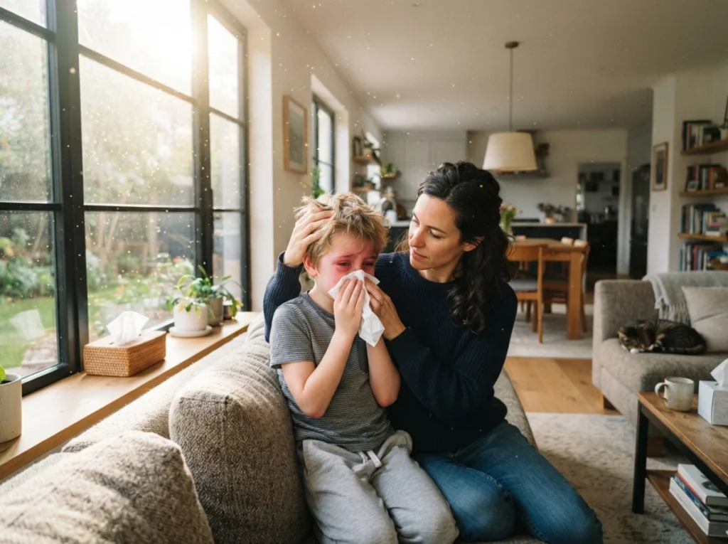 Mother consoling her son with bad allergies