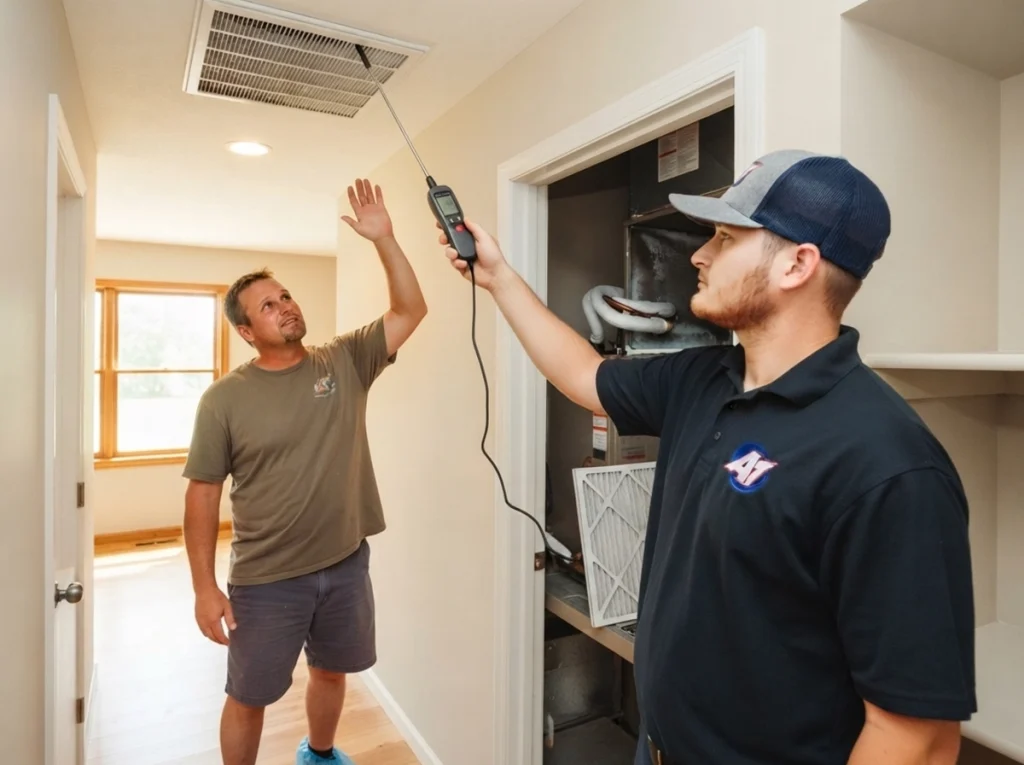 Holt homeowner checking warm AC airflow with HVAC technician