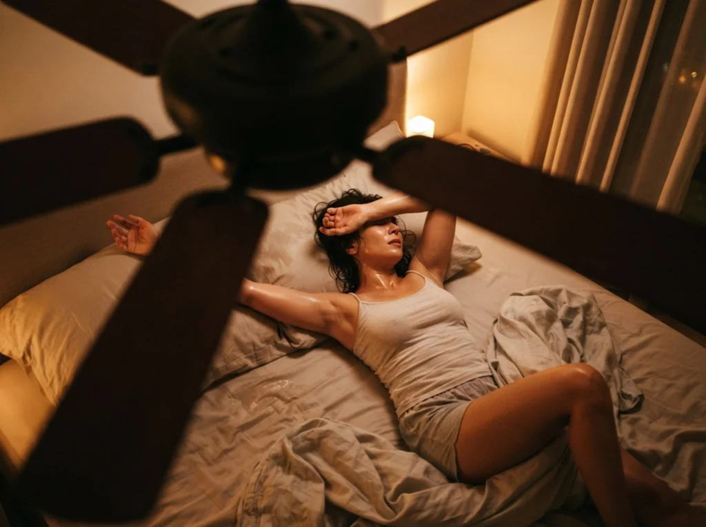 A woman very hot in her bedroom because PVC is not getting upstairs
