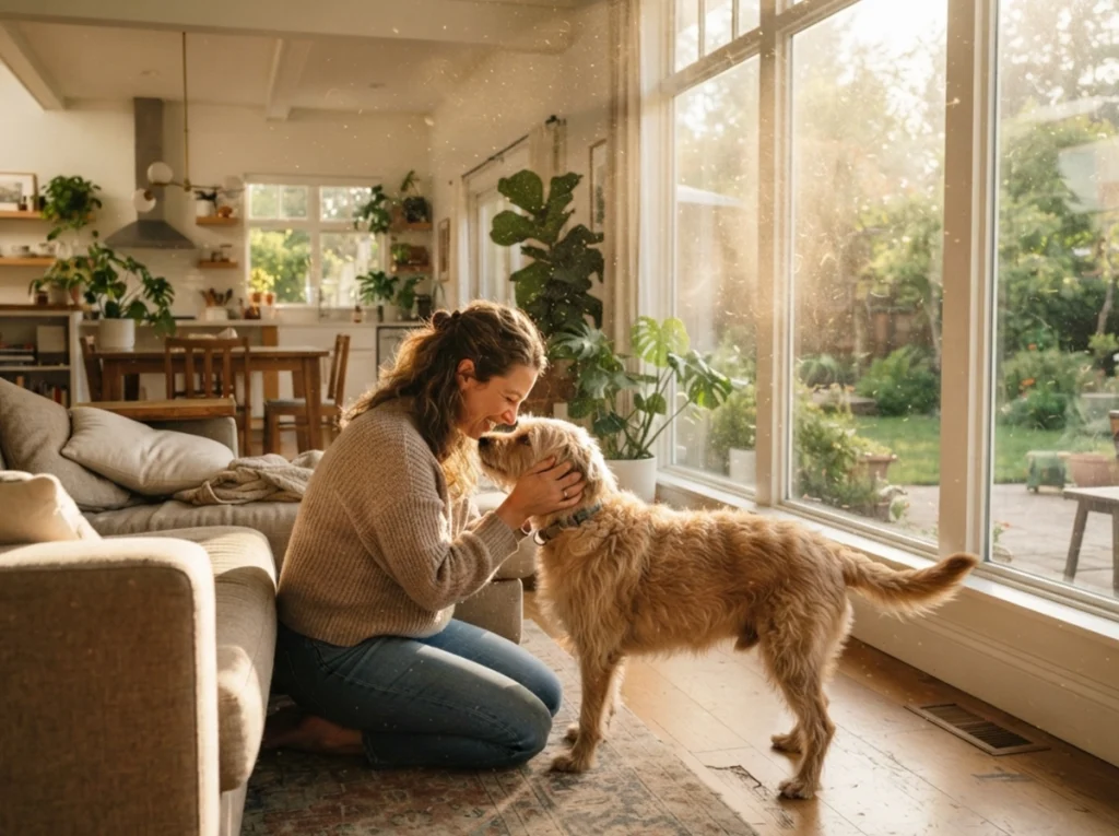 A woman snuggling and petting her dog