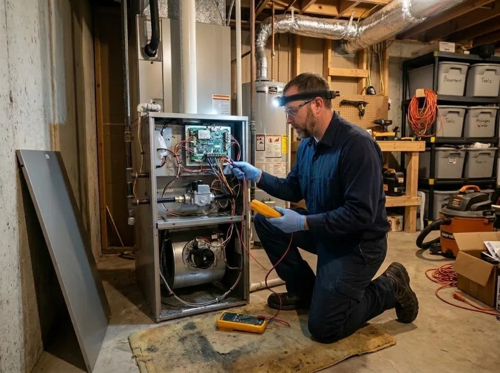 HVAC technician performing a professional furnace safety tune-up in Lansing Michigan